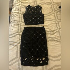 bebe Black Woven Skirt and Tank Set with Gems